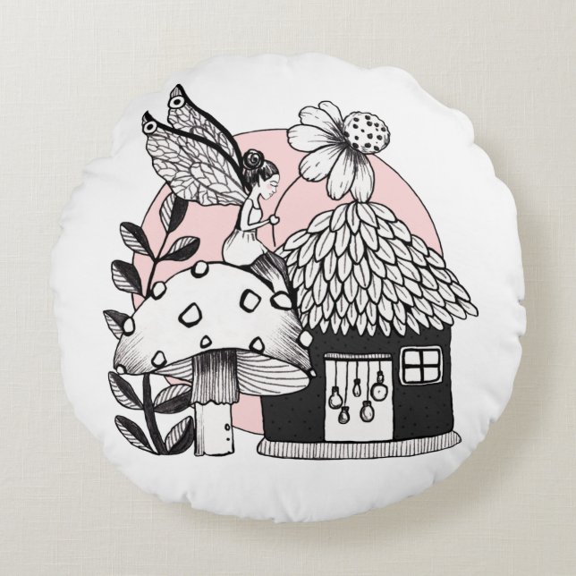 Enchanted Fairy And Fairy House Round Cushion (Front)