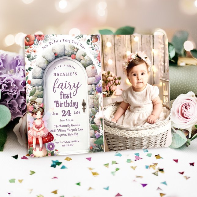 Enchanted Fairy Door Fairy First Birthday Photo Invitation (Fairy First Birthday Photo Invitation with Brown Hair Fairy Girl and Enchanted Fairy Doorway.)