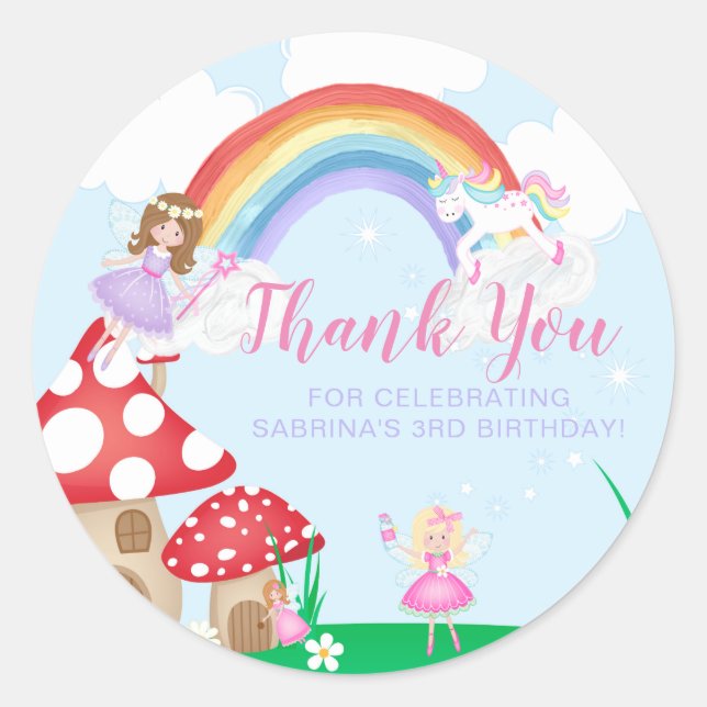 Enchanted Fairy Garden Birthday Thank You Classic Round Sticker (Front)