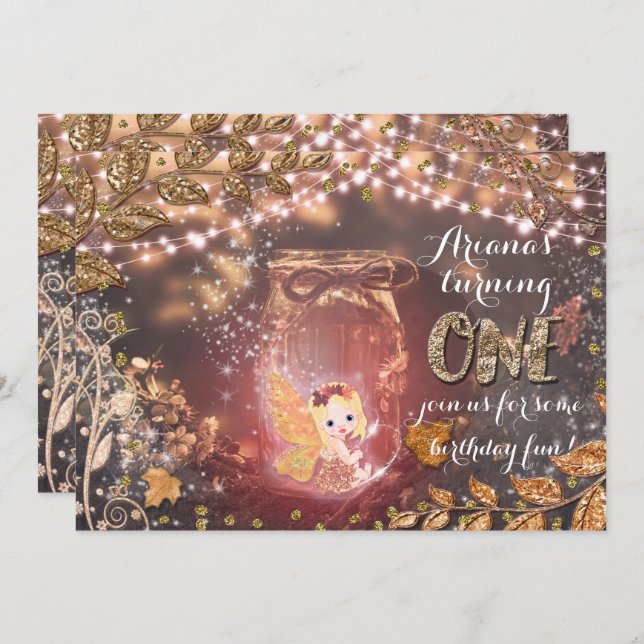 Enchanted Fairy Jar Glitter Fall Leaves Invitation (Front/Back)