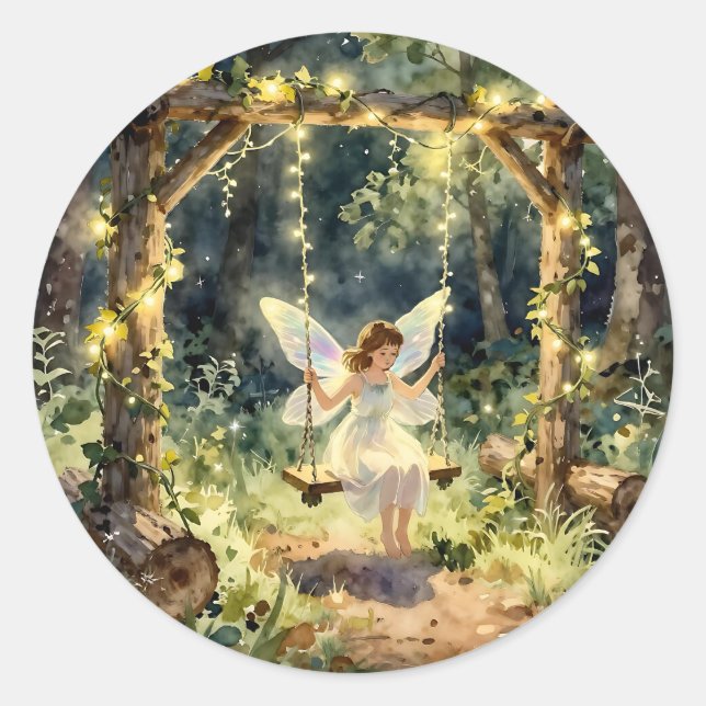 Enchanted Fairy on a Swing in a Magical Forest Classic Round Sticker (Front)