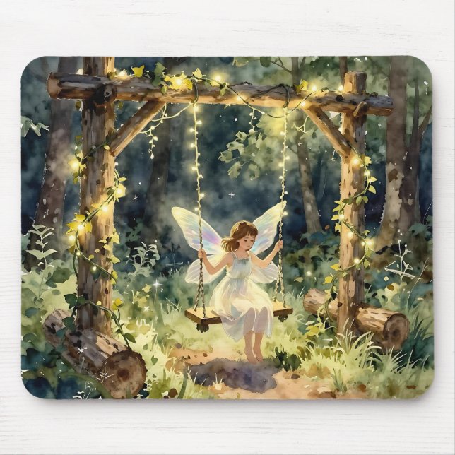 Enchanted Fairy on a Swing in a Magical Forest Mouse Pad (Front)