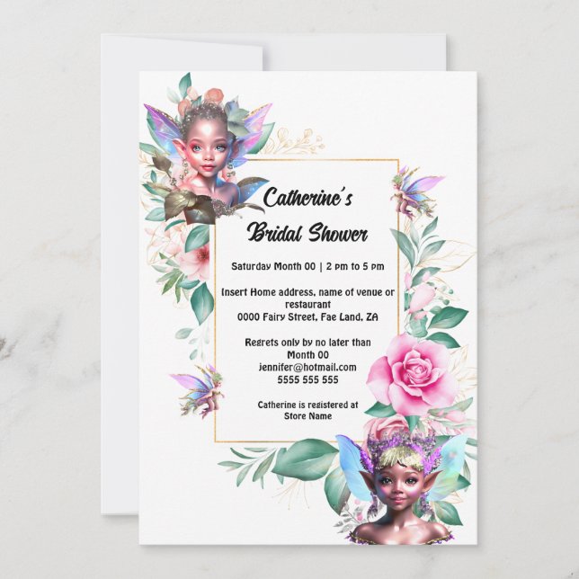 Enchanted fairy pink rose floral gold pixie  invitation (Front)