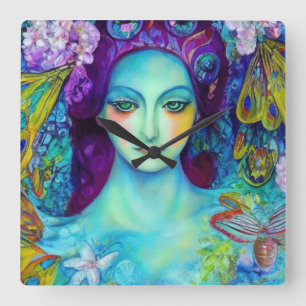Enchanted Fairy Queen with Butterflies Square Wall Clock