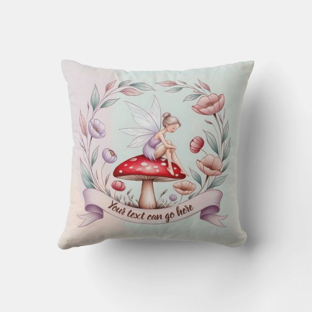 Enchanted Fairycore Fairy on a toadstool your text Cushion (Back)
