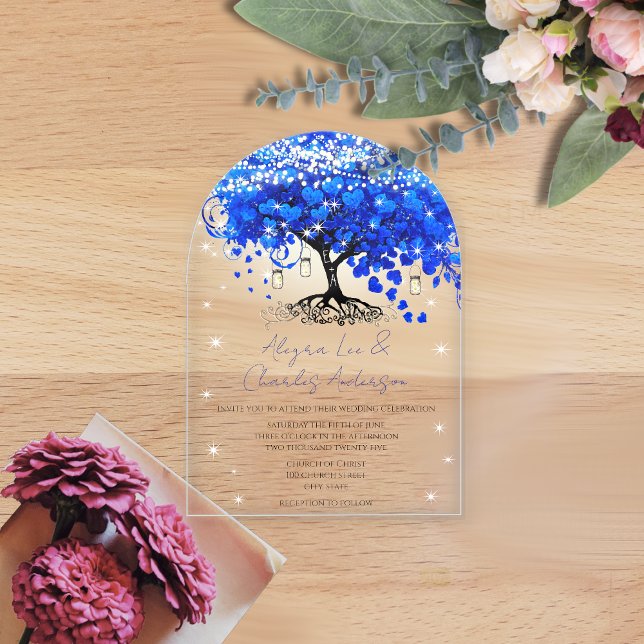 Enchanted Fairytale Blue Heart Leaf Tree Wedding Acrylic Invitations (Creator Uploaded)
