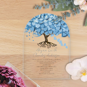 Enchanted Fairytale Blue Heart Leaf Tree Wedding Acrylic Invitations