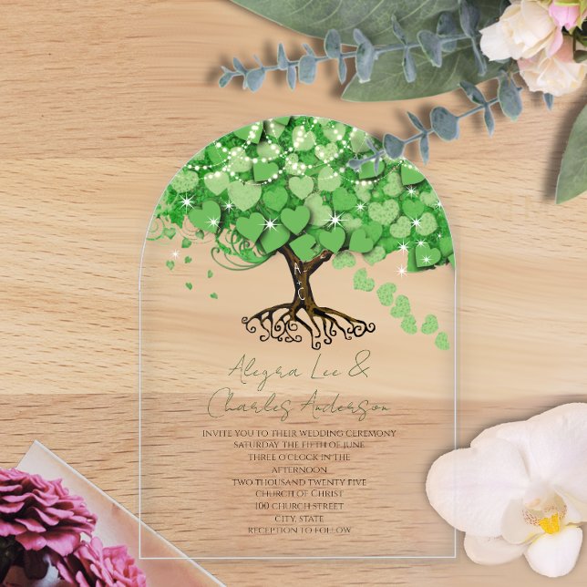 Enchanted Fairytale Green Heart Leaf Tree Wedding Acrylic Invitations (Creator Uploaded)