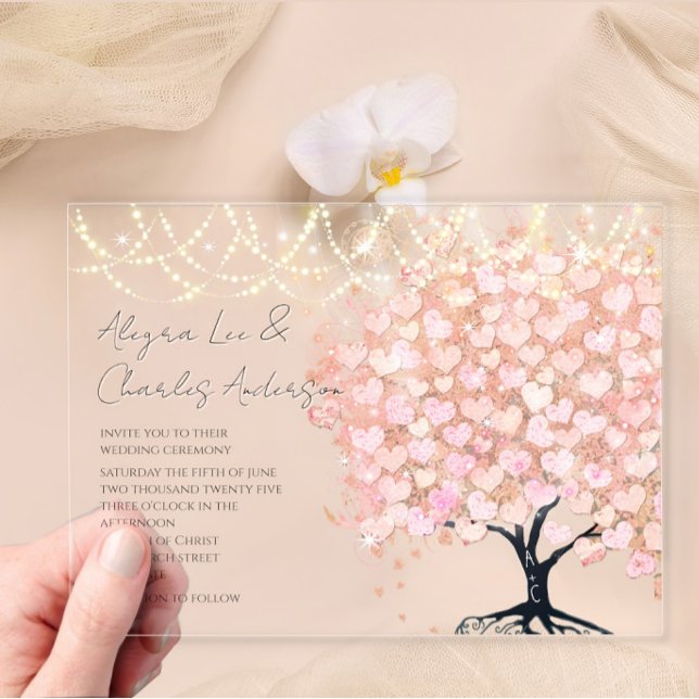 Enchanted Fairytale Pink Heart Leaf Tree Wedding Acrylic Invitations (Creator Uploaded)