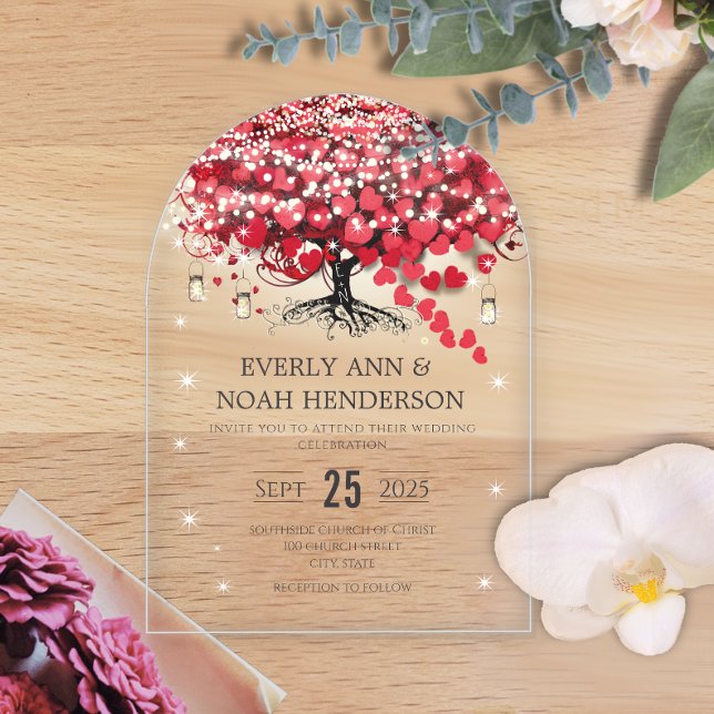 Enchanted Fairytale Red Heart Leaf Tree Wedding Acrylic Invitations (Creator Uploaded)