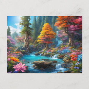 Enchanted Fantasy Forest, Waterfall, Flowers Postcard