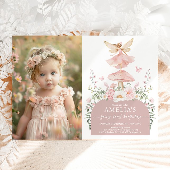 Enchanted Floral Fairy First 1st Birthday Photo Invitation (Creator Uploaded)