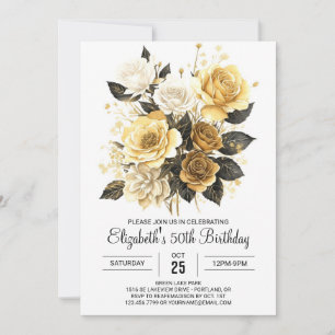 Enchanted Floral Gold and Black 50th Birthday Invitation
