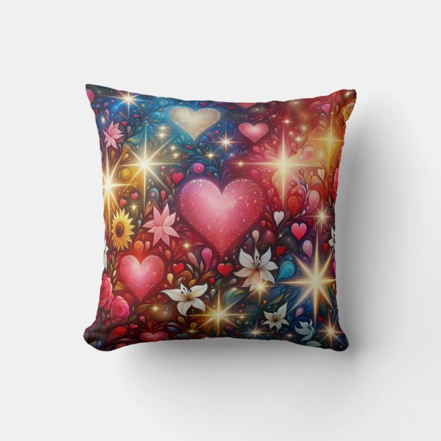 Enchanted Floral Hearts & Stars Throw Pillow (Front)