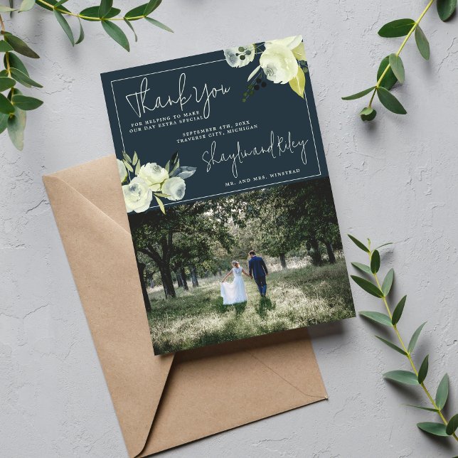 Enchanted Floral Midnight Blue Flowers Wedding Thank You Card (Creator Uploaded)