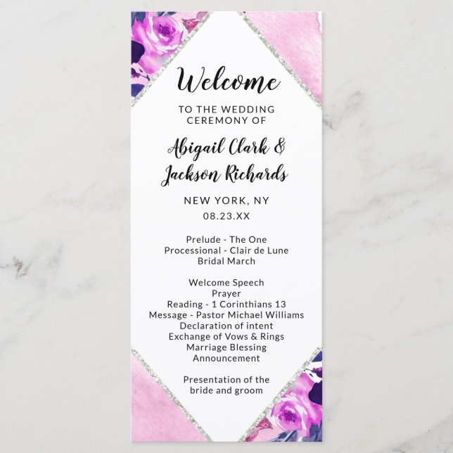 Enchanted Floral Purple Diamond Wedding Ceremony Programme (Front)
