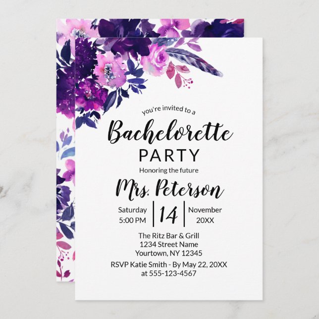 Enchanted Floral Purple Flower Bachelorette Party Invitation (Front/Back)