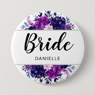 Enchanted Floral Purple Frame Bride Monogrammed 7.5 Cm Round Badge