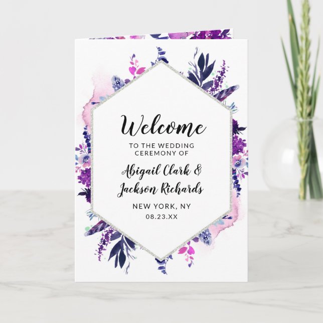 Enchanted Floral Purple Hexagon Wedding Ceremony Programme (Front)