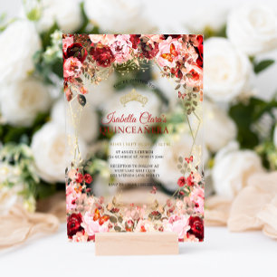 Enchanted Floral Scarlet Elegance Gold Quinceanera Acrylic Invitations