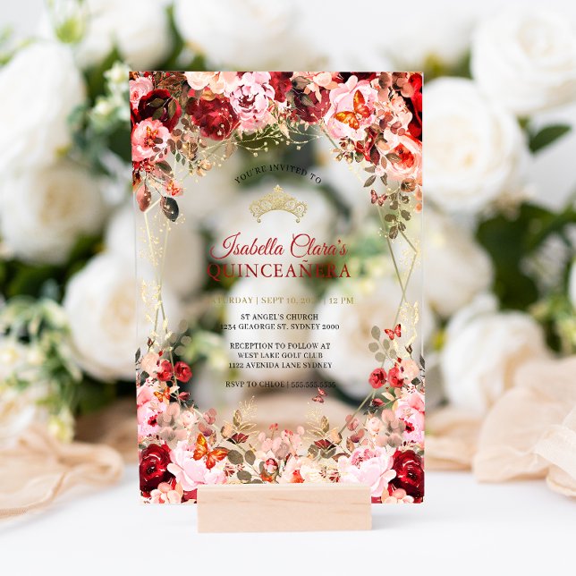 Enchanted Floral Scarlet Elegance Gold Quinceanera Acrylic Invitations (Creator Uploaded)