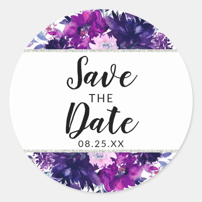 Enchanted Floral Violet and Silver Save the Date Classic Round Sticker (Front)