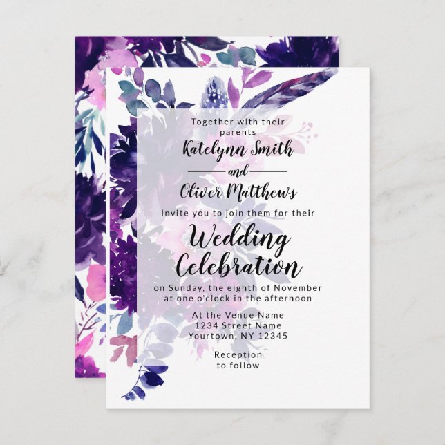 Enchanted Floral Violet Purple Feathers Wedding Invitation (Front/Back)