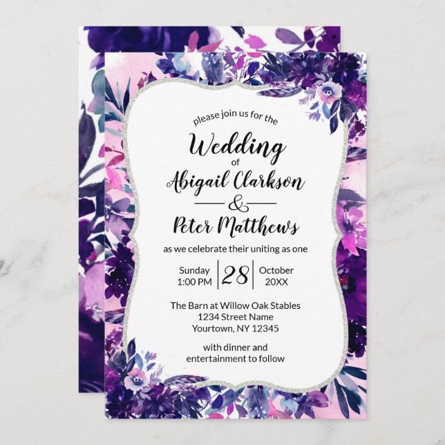 Enchanted Floral Violet Purple Watercolor Wedding Invitation (Front/Back)