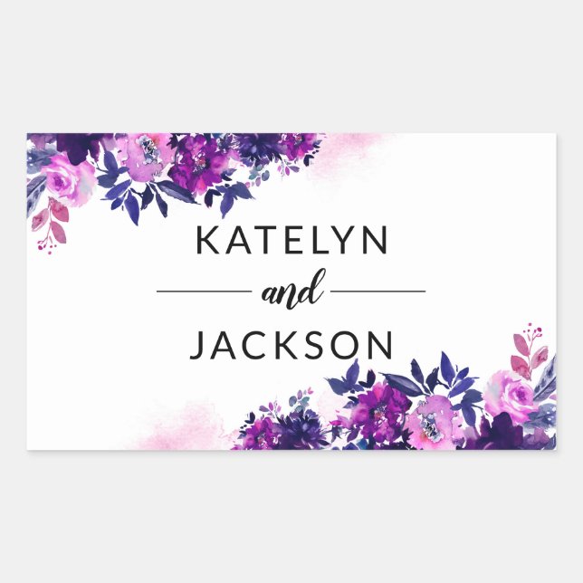Enchanted Floral Violet Purple Wedding Monogram Rectangular Sticker (Front)