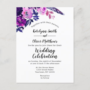 Enchanted Floral Violet Watercolor Trendy Wedding Invitation Postcard