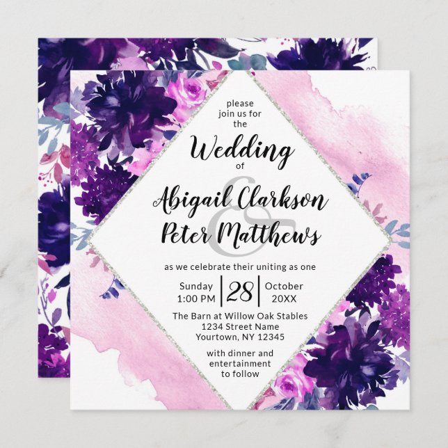 Enchanted Floral Violet Watercolor Wedding Square Invitation (Front/Back)