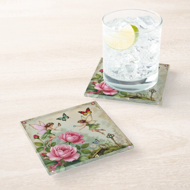 Enchanted Flroral Fairies Garden Glass Coaster (Angled)