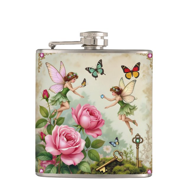 Enchanted Flroral Fairies Garden Hip Flask (Front)