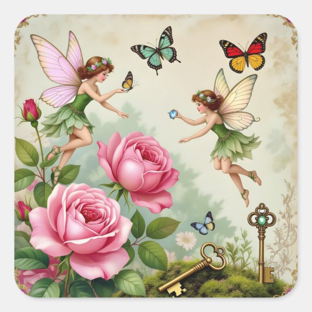 Enchanted Flroral Fairies Garden Square Sticker (Front)