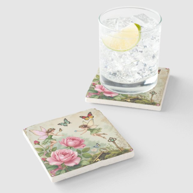 Enchanted Flroral Fairies Garden Stone Coaster (Side)