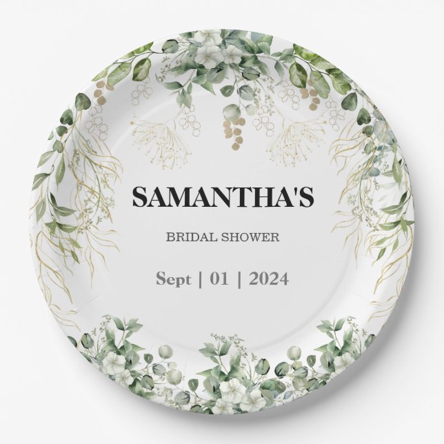 Enchanted Foliage Gold & Green Bridal Shower Paper Plate (Front)