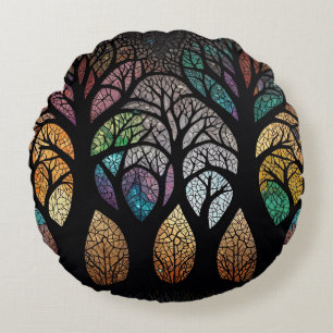 Enchanted Forest: A Stained Glass Masterpiece Round Cushion