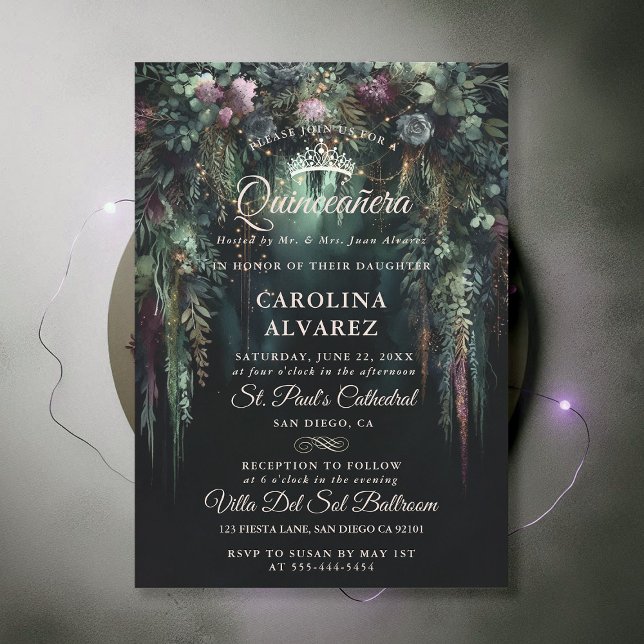 Enchanted Forest Arch Fairytale Church Quinceañera Invitation (enchanted forest quinceanera emerald green mauve purple arch woodland fairy tale faerie church )