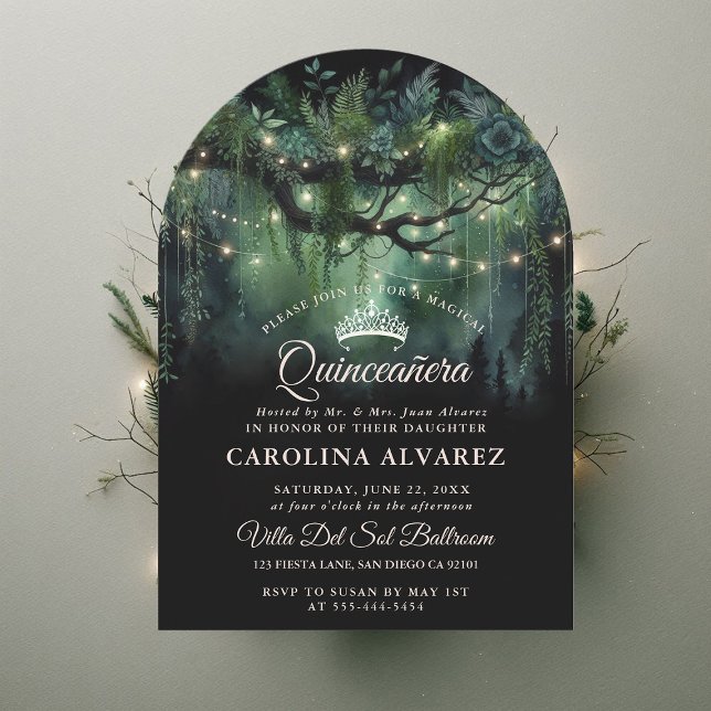 Enchanted Forest Arch Fairytale Green Quinceañera Invitation (enchanted forest quinceanera emerald green boho arch woodland fairy tale magic invitation)