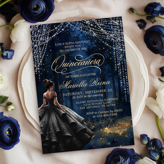 Enchanted Forest Black Dress Quinceañera Invitation (Creator Uploaded)