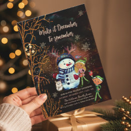 Enchanted Forest Black Gold Snowman Elves Invitation