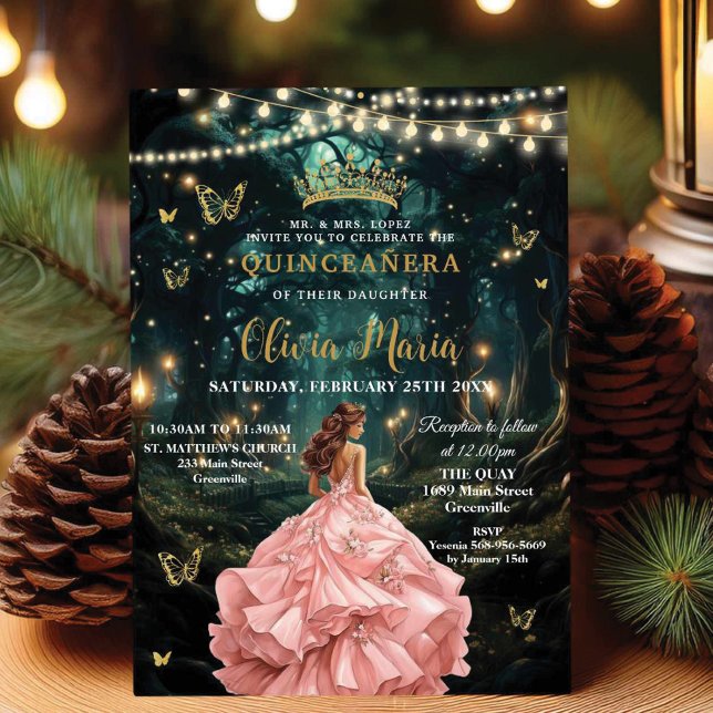Enchanted Forest Blush Pink Dress Quinceañera 16 Invitation (Creator Uploaded)