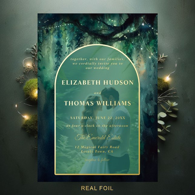 Enchanted Forest Boho Arch Emerald Gold Wedding (enchanted forest wedding theme invitation magical fairy garden boho arch photo emerald gold romantic)