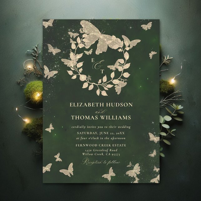 Enchanted Forest Butterflies Hunter Green Wedding Invitation (Enchanted Forest Hunter Green Greenery Crest Butterflies Gold Modern Calligraphy Wedding Invitation)