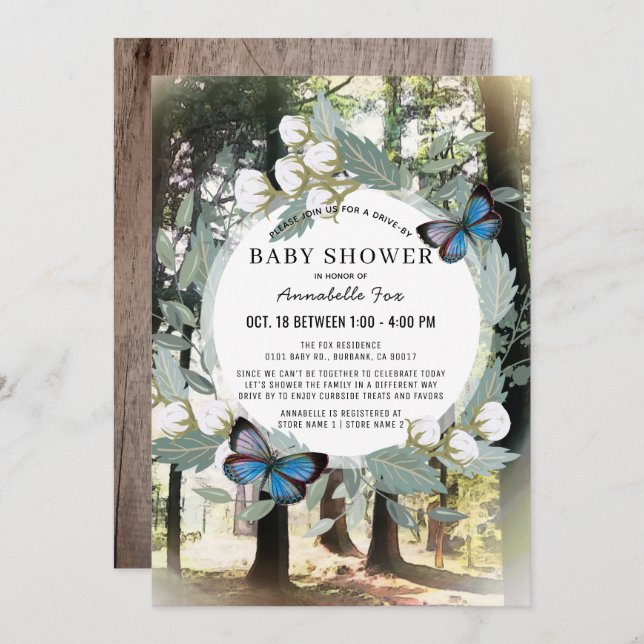 Enchanted Forest Butterfly Drive-by Baby Shower Invitation (Front/Back)