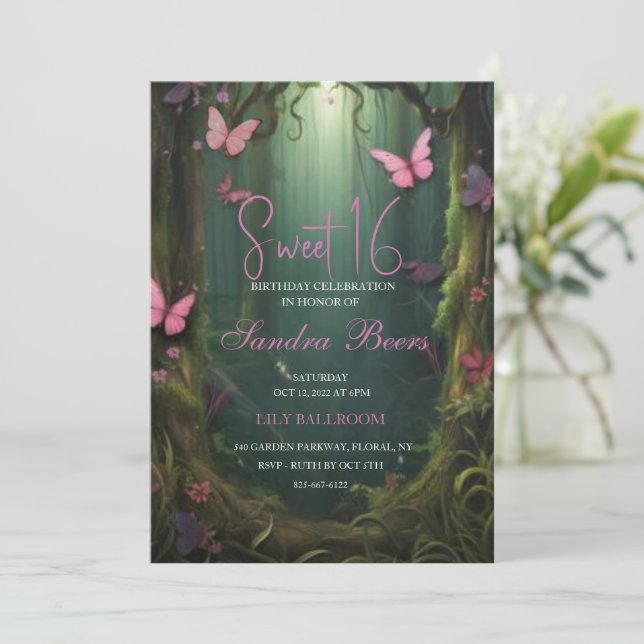 Enchanted Forest Butterfly Sweet 16 Invitations (Standing Front)