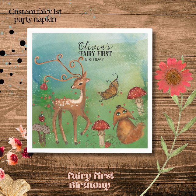 Enchanted Forest Deer & Fox Fairy First Birthday  Napkin (Enchanted Forest Deer & Fox Fairy First Birthday Napkins
)