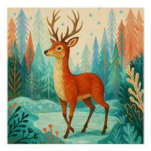 Enchanted Forest Deer – Whimsical Winter Woodland Poster