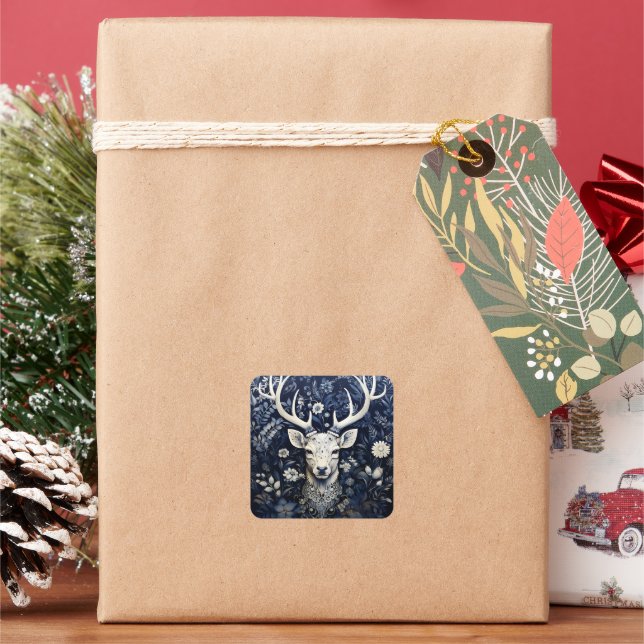 Enchanted Forest Deer Winter Bloom Square Sticker (Holiday)