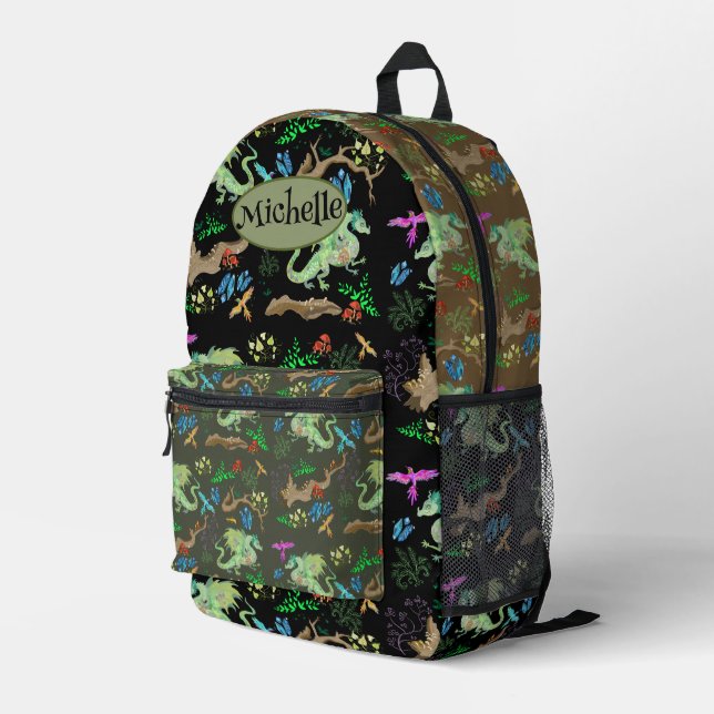 Enchanted Forest Dragon Pattern Printed Backpack (Back Corner Right)